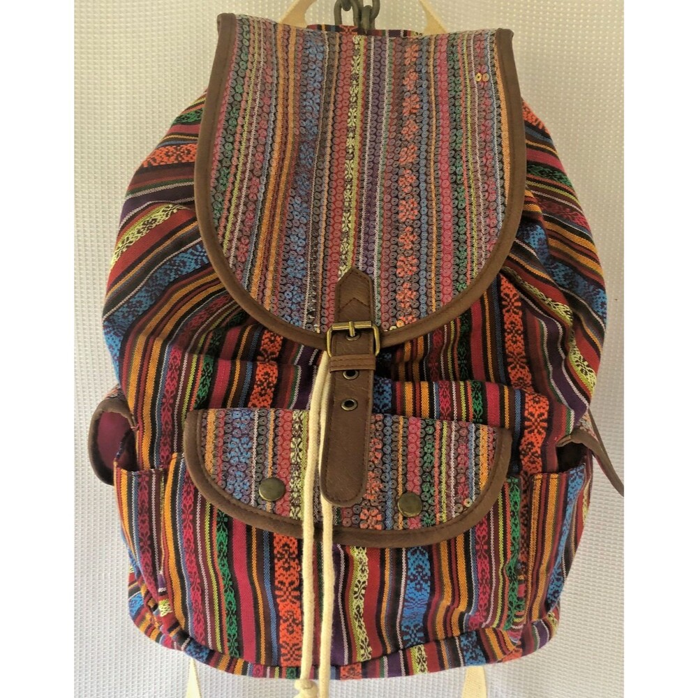 Boho Multicolor Striped Sequin Drawstring Backpack 6 Pocket Hippie
